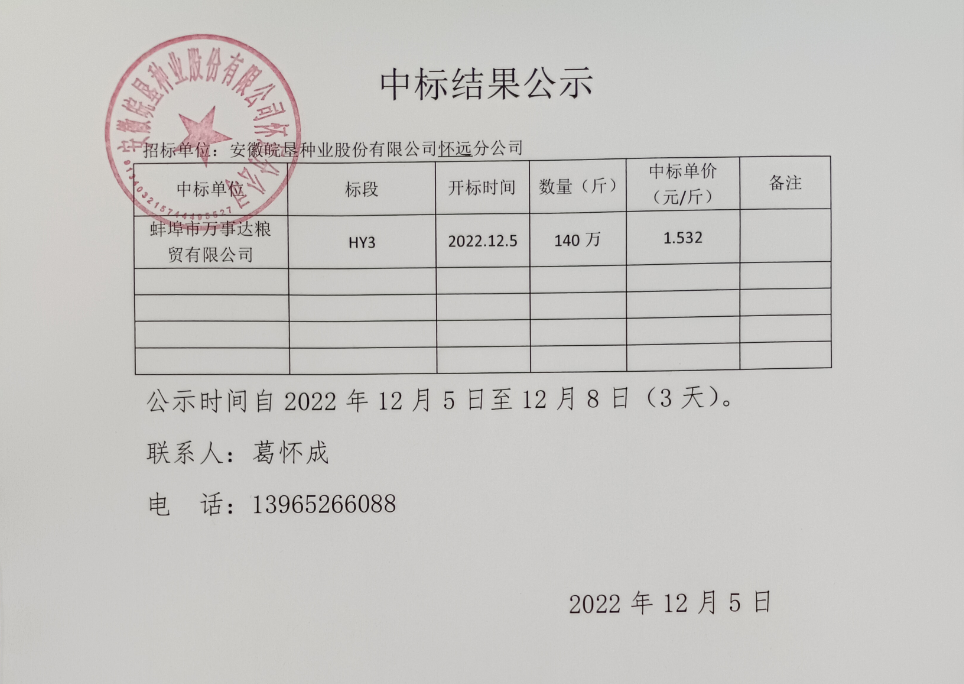 安徽皖垦种业股份有限公司怀远分公司​中标结果公示
